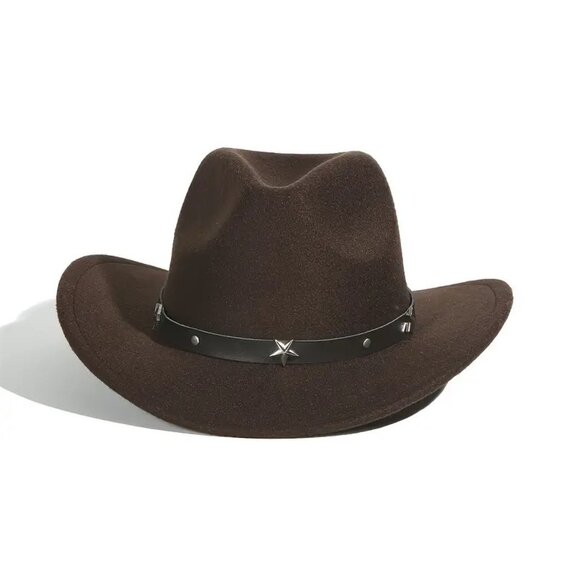 Brown Western Cowboy Cowgirl Hat Felt Wide Brim Star Band Unisex Rodeo - Picture 5 of 5